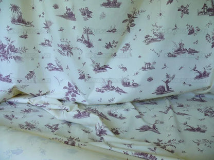 Brunschwig &amp; Fils Chinoisere A L'americaine Toile Berry Plum Deep Purple White Cotton Bird Animal Spider from Mount Vernon Bty