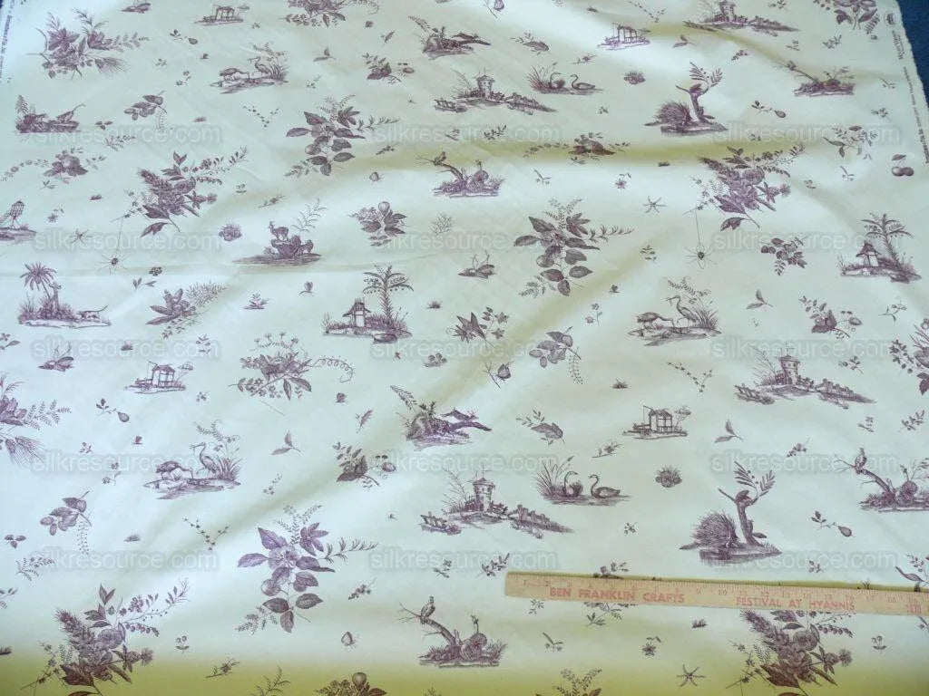Brunschwig &amp; Fils Chinoisere A L'americaine Toile Berry Plum Deep Purple White Cotton Bird Animal Spider from Mount Vernon Bty