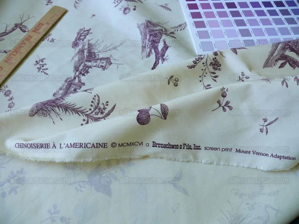 Brunschwig &amp; Fils Chinoisere A L'americaine Toile Berry Plum Deep Purple White Cotton Bird Animal Spider from Mount Vernon Bty