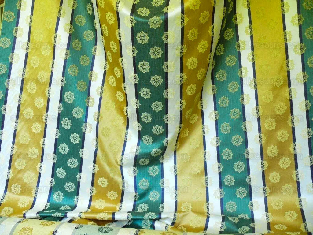 by yard Scalamandre Woven Stripe Satin Stripe Classic Green Gold Medallion Daisy Sunflower