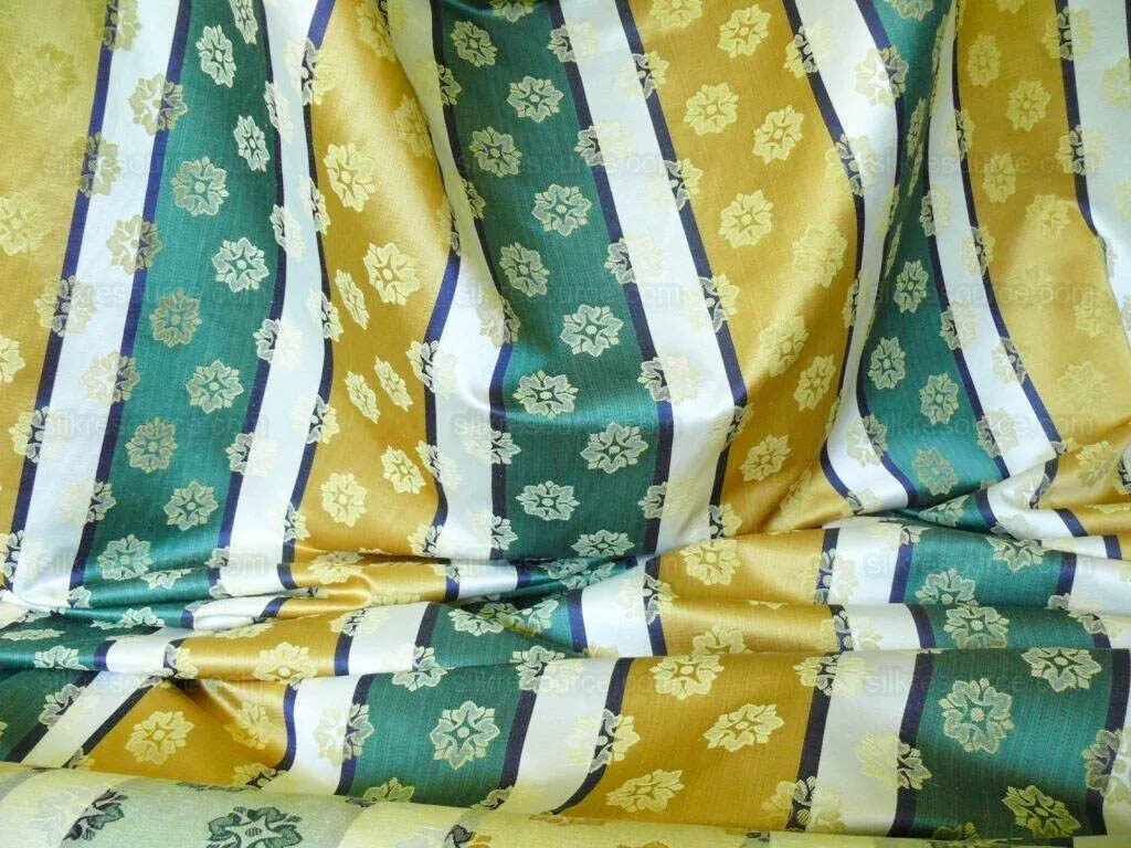 by yard Scalamandre Woven Stripe Satin Stripe Classic Green Gold Medallion Daisy Sunflower