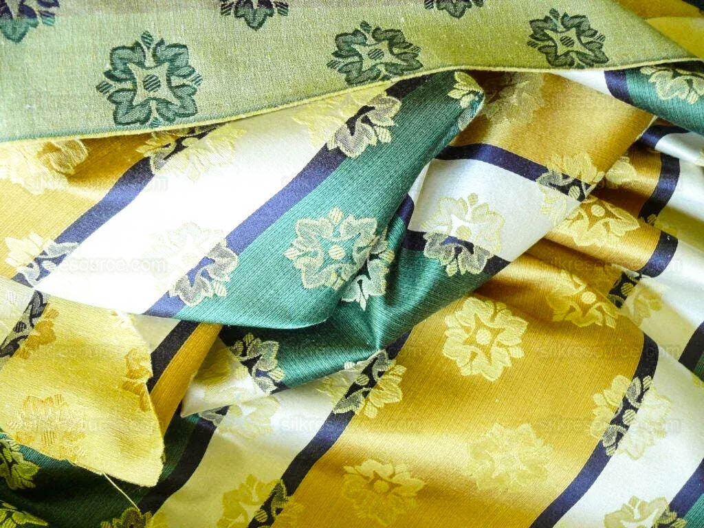 by yard Scalamandre Woven Stripe Satin Stripe Classic Green Gold Medallion Daisy Sunflower