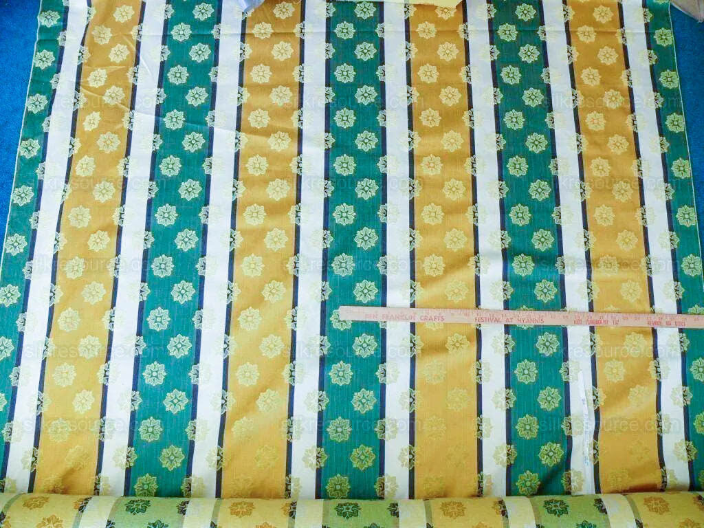 by yard Scalamandre Woven Stripe Satin Stripe Classic Green Gold Medallion Daisy Sunflower