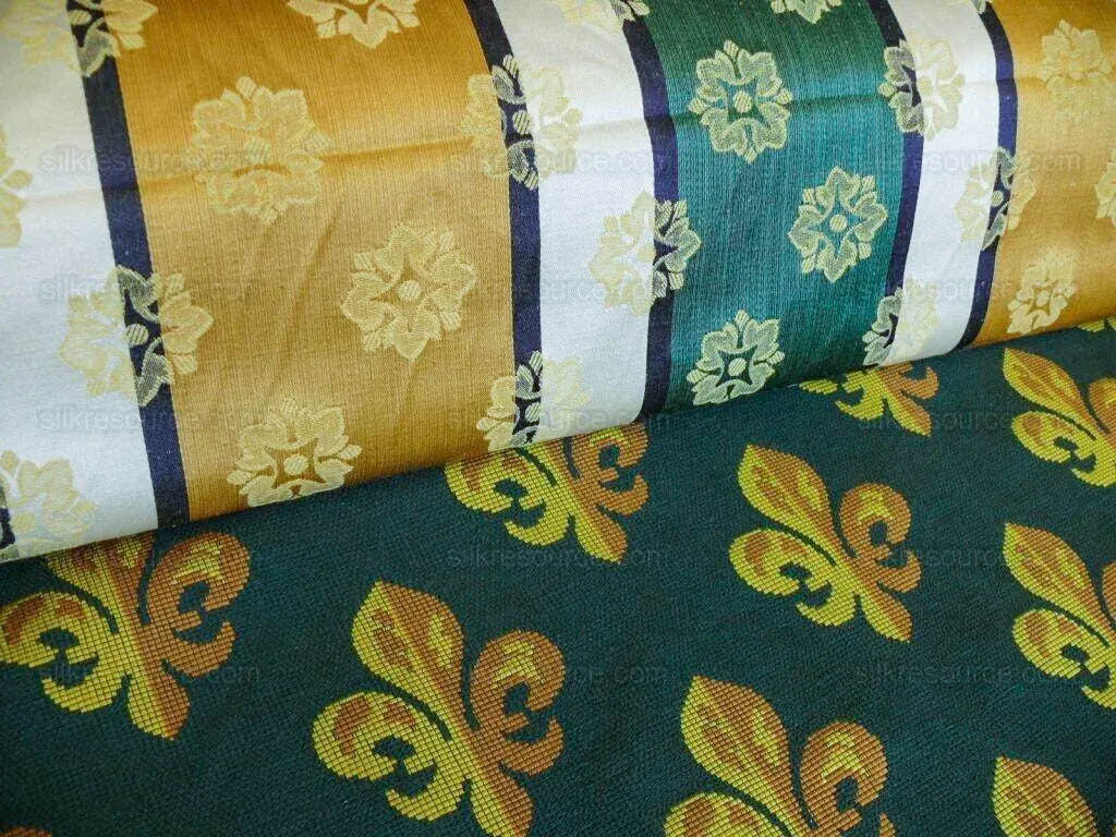 by yard Scalamandre Woven Stripe Satin Stripe Classic Green Gold Medallion Daisy Sunflower