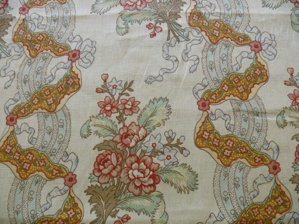 Vervain Natalie in Terracotta Linen Print Ribbon Flower Peach On Natural Chintz