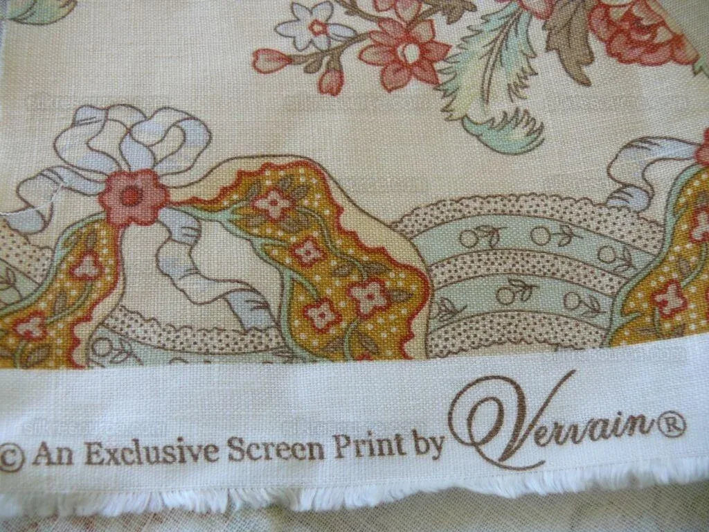 Vervain Natalie in Terracotta Linen Print Ribbon Flower Peach On Natural Chintz