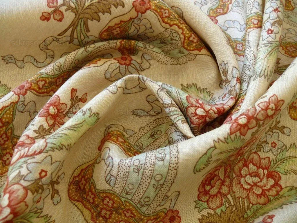 Vervain Natalie in Terracotta Linen Print Ribbon Flower Peach On Natural Chintz