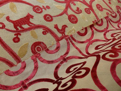 Clarence House La Jungle Cut Velvet Dog Rooster Birds In Red Bty