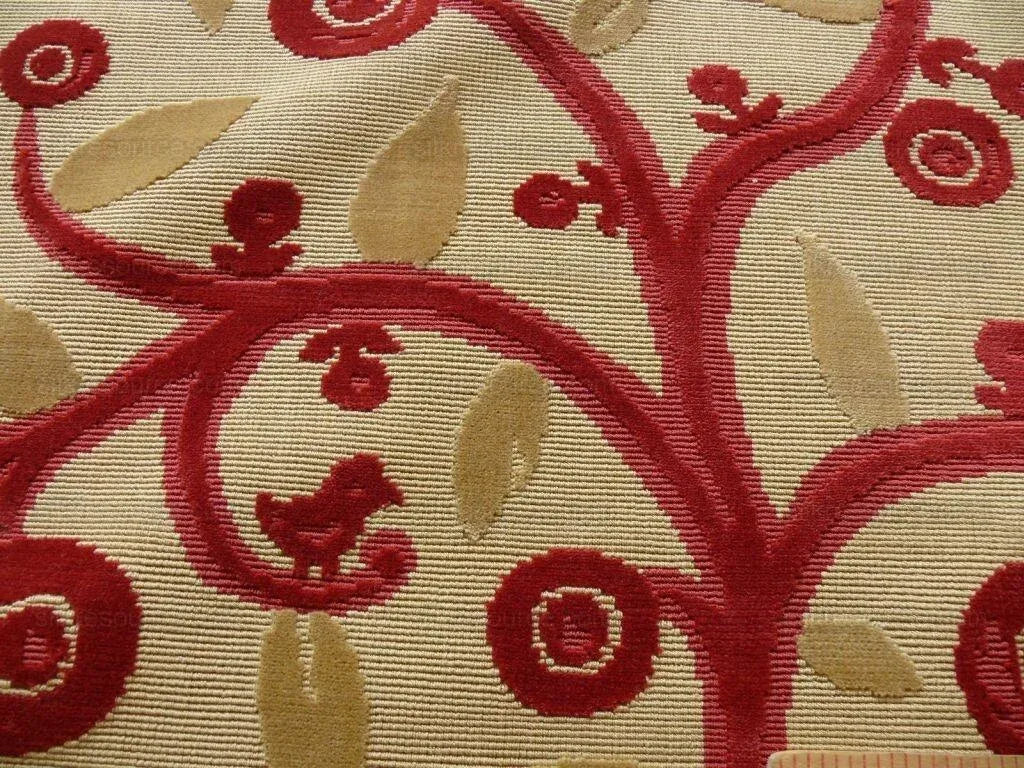 Clarence House La Jungle Cut Velvet Dog Rooster Birds In Red Bty