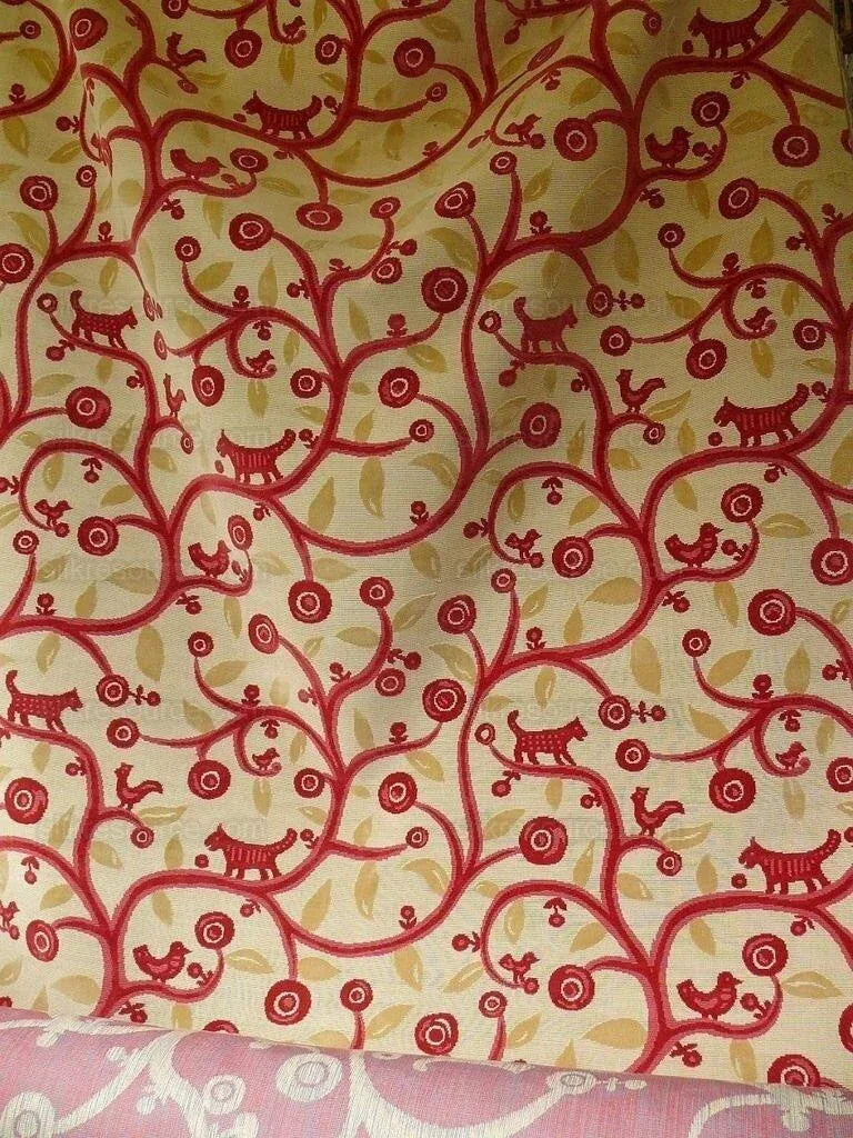 Clarence House La Jungle Cut Velvet Dog Rooster Birds In Red Bty