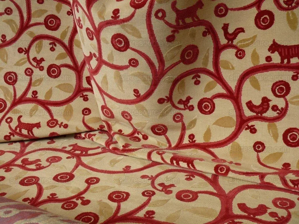 Clarence House La Jungle Cut Velvet Dog Rooster Birds In Red Bty