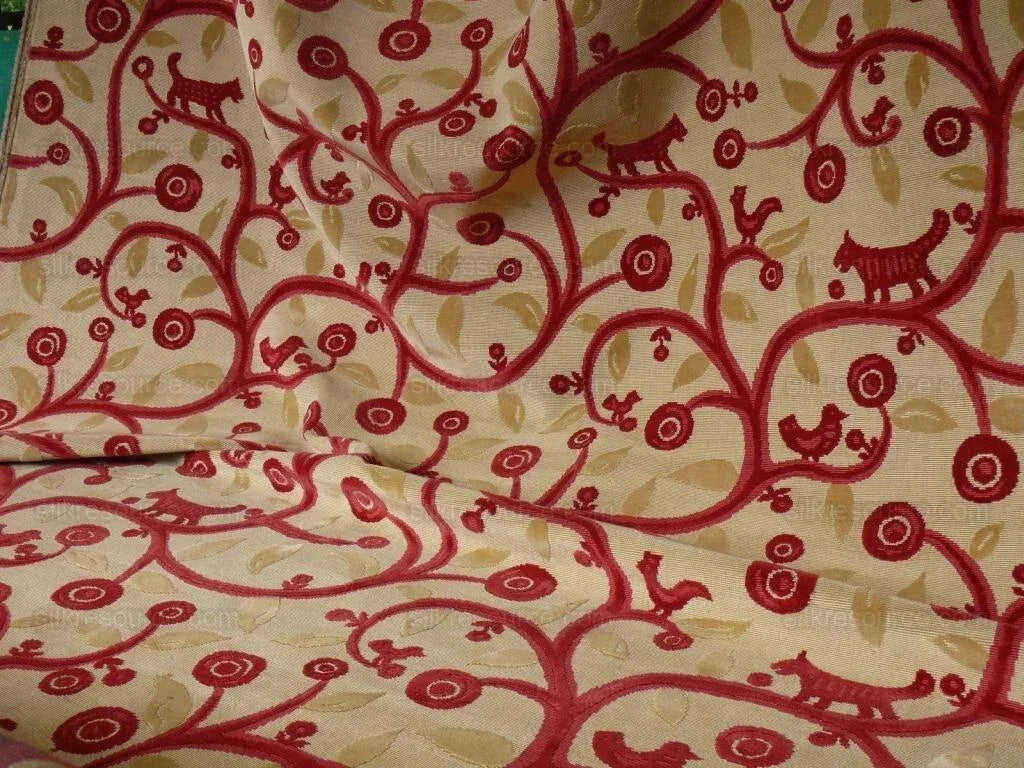 Clarence House La Jungle Cut Velvet Dog Rooster Birds In Red Bty