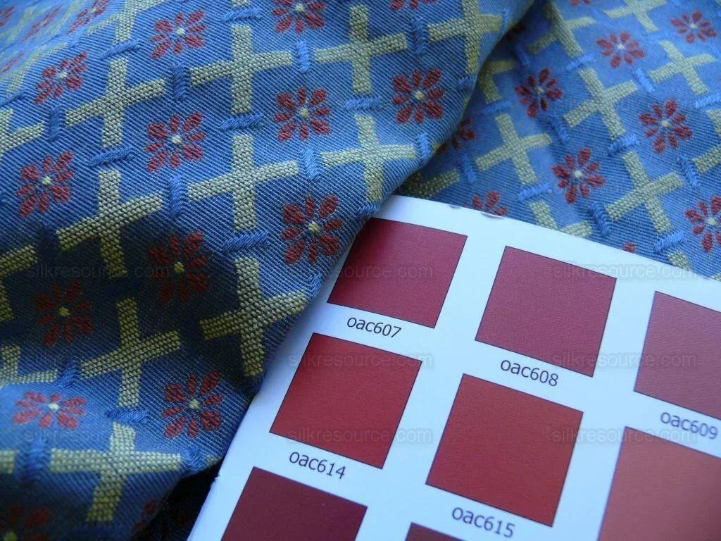 Scalamandre St German Blue Gold Red Lattice Woven Bty