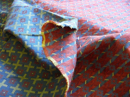 Scalamandre St German Blue Gold Red Lattice Woven Bty