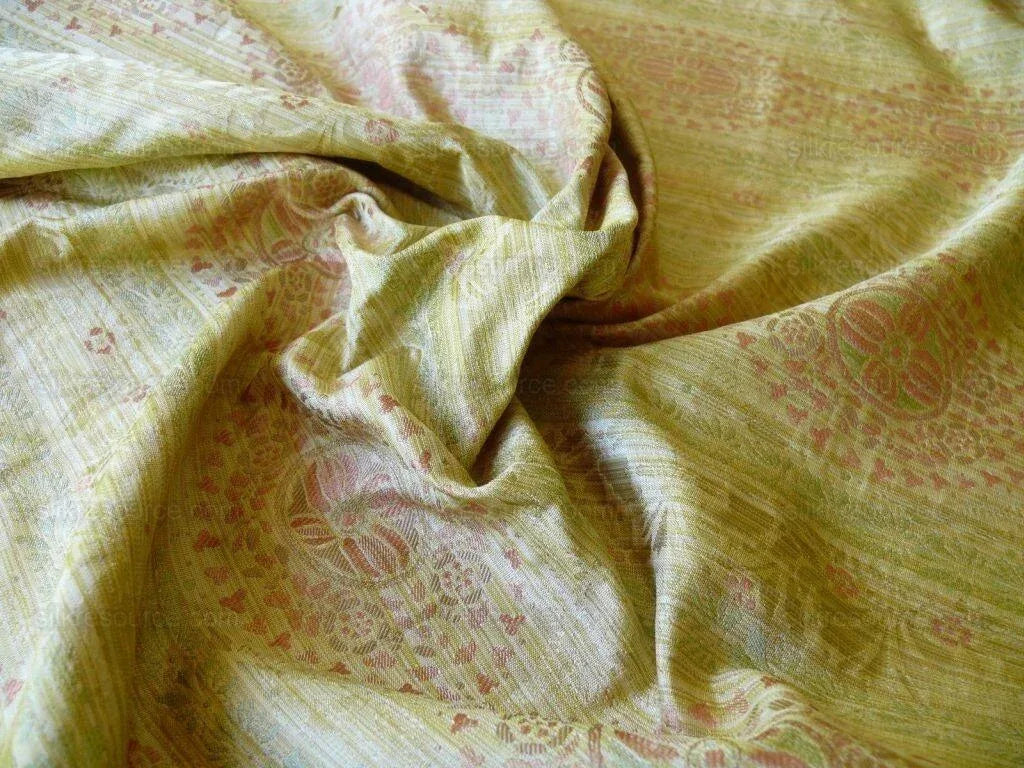 By Yard Fabricut Medallion 100% Silk Stripe In Jasmine Yellow &amp; Pink Green Gold Strie