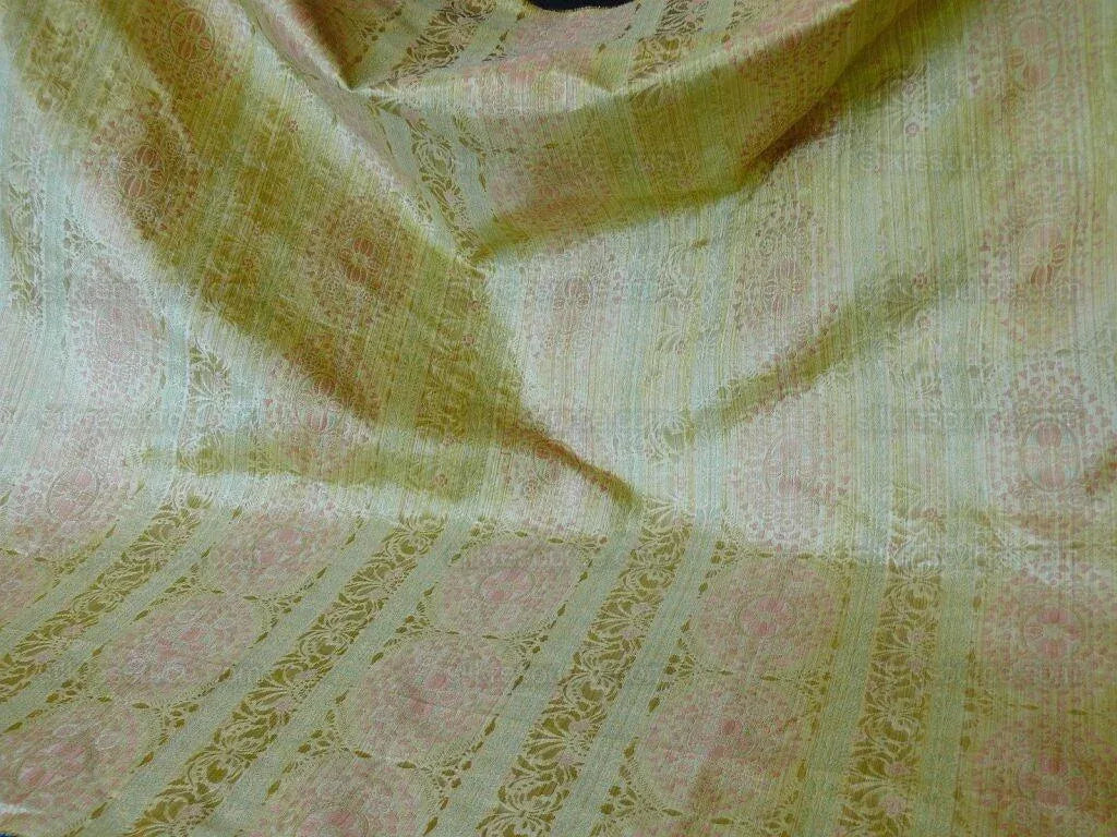 By Yard Fabricut Medallion 100% Silk Stripe In Jasmine Yellow &amp; Pink Green Gold Strie