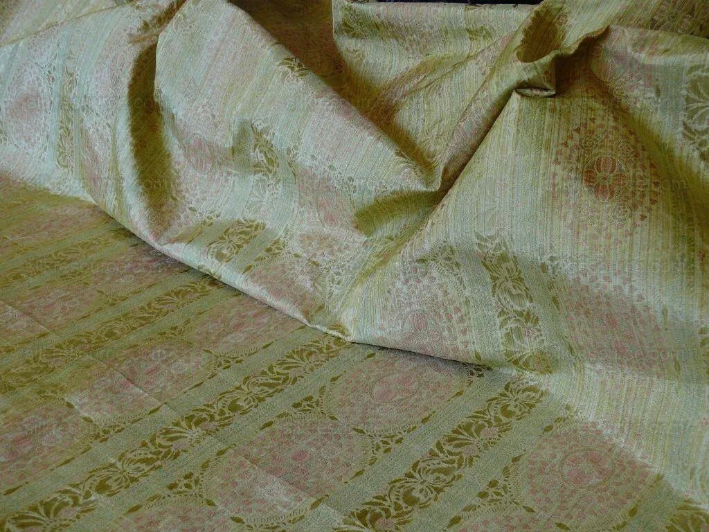 By Yard Fabricut Medallion 100% Silk Stripe In Jasmine Yellow &amp; Pink Green Gold Strie