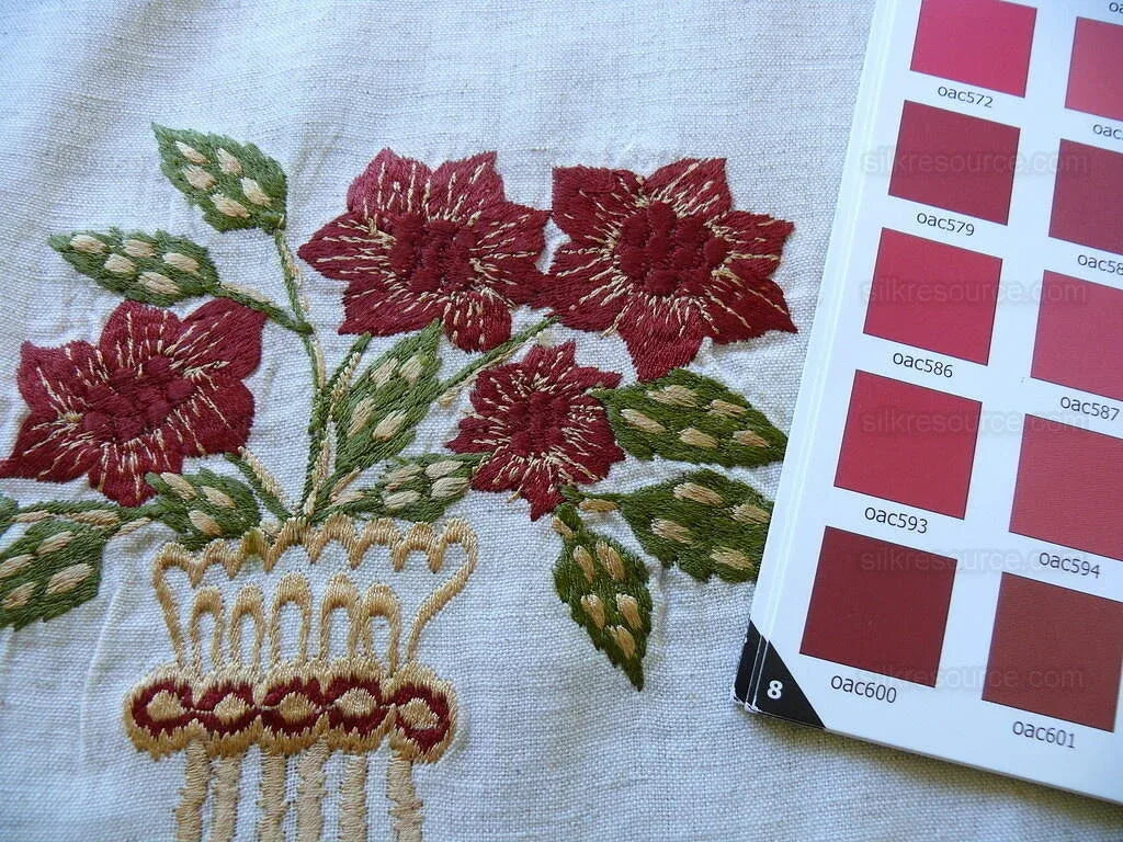 Fabricut Quilvio Embroidered Linen/cotton Red Bouquet On Nat Bty
