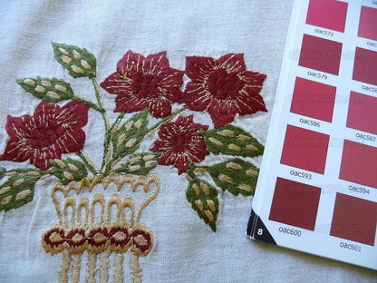 Fabricut Quilvio Embroidered Linen/cotton Red Bouquet On Nat Bty