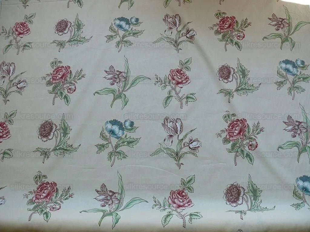 Clarence House English Spring Rose Tulip Pink Blue Green on Tan Botanical Printed Cotton Chintz BY Yard