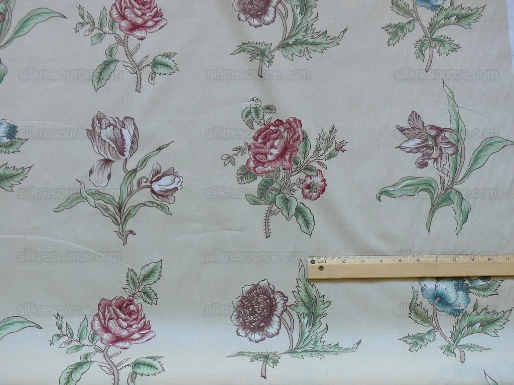 Clarence House English Spring Rose Tulip Pink Blue Green on Tan Botanical Printed Cotton Chintz BY Yard