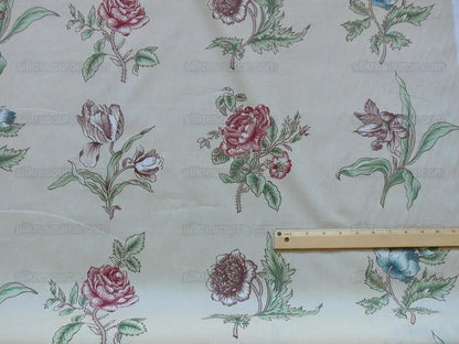Clarence House English Spring Rose Tulip Pink Blue Green on Tan Botanical Printed Cotton Chintz BY Yard