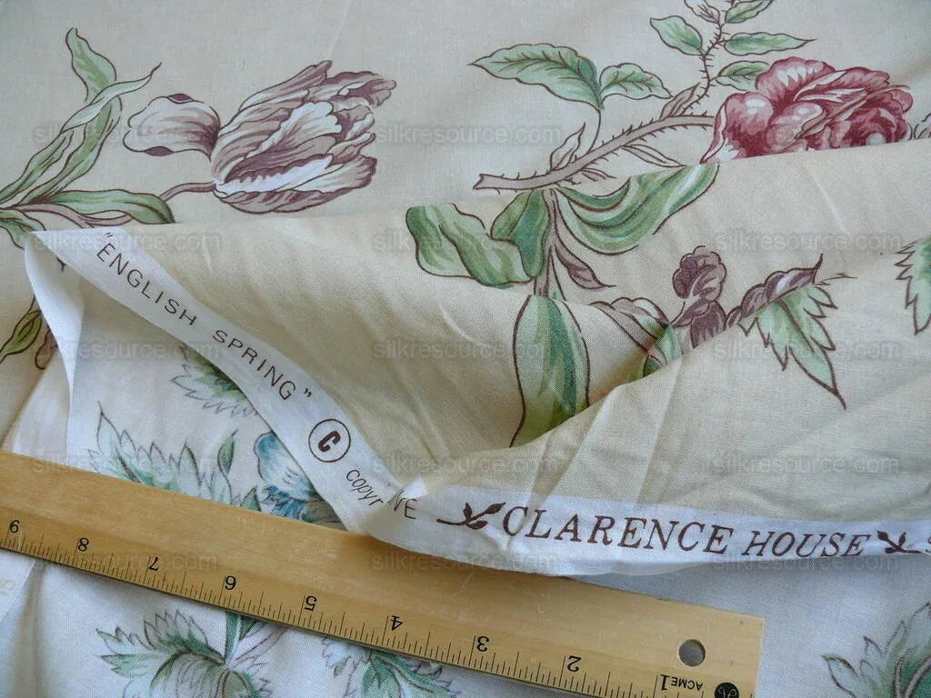 Clarence House English Spring Rose Tulip Pink Blue Green on Tan Botanical Printed Cotton Chintz BY Yard