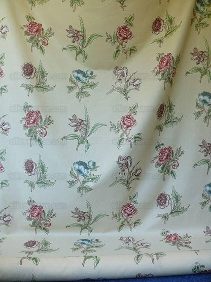 Clarence House English Spring Rose Tulip Pink Blue Green on Tan Botanical Printed Cotton Chintz BY Yard