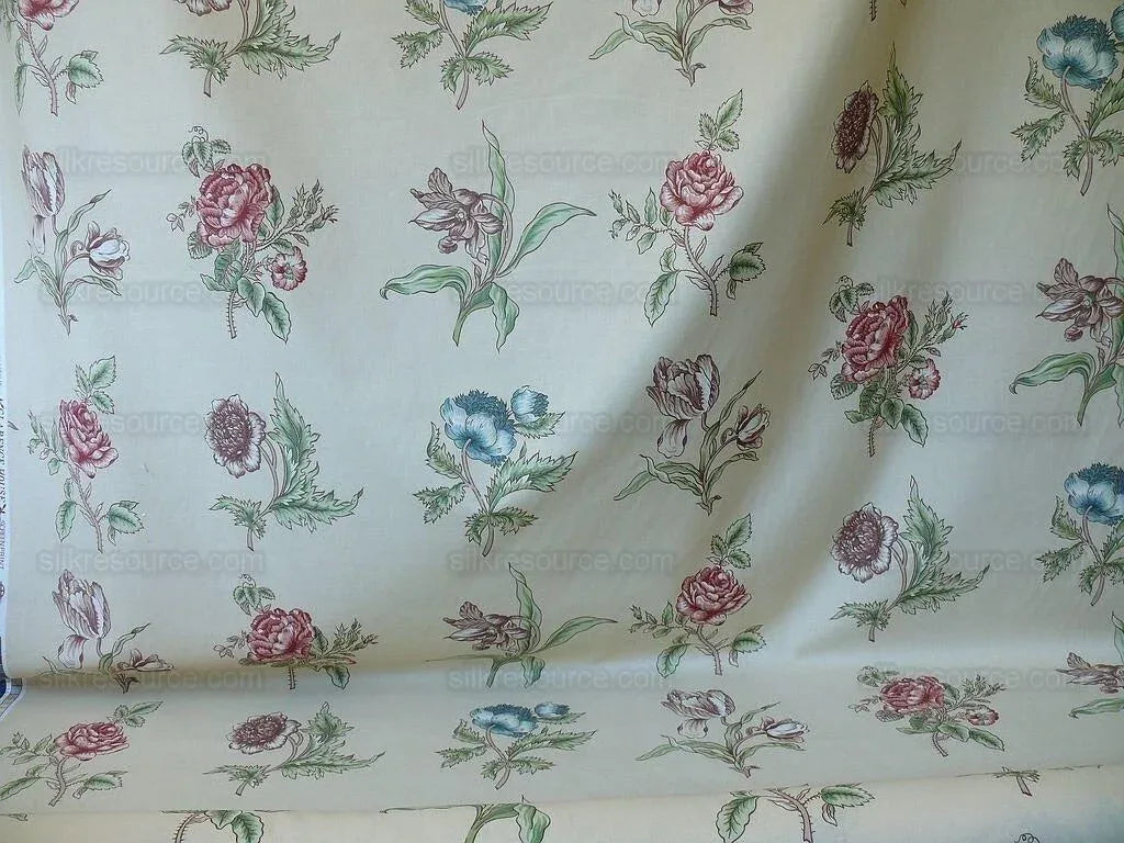 Clarence House English Spring Rose Tulip Pink Blue Green on Tan Botanical Printed Cotton Chintz BY Yard