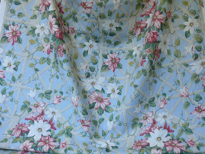 By Yard Ralph Lauren Climbing Clematis Flower On Wooden Lattice Blue Pink Printed Cotton Chintz