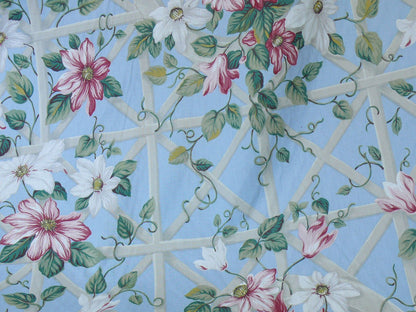 By Yard Ralph Lauren Climbing Clematis Flower On Wooden Lattice Blue Pink Printed Cotton Chintz
