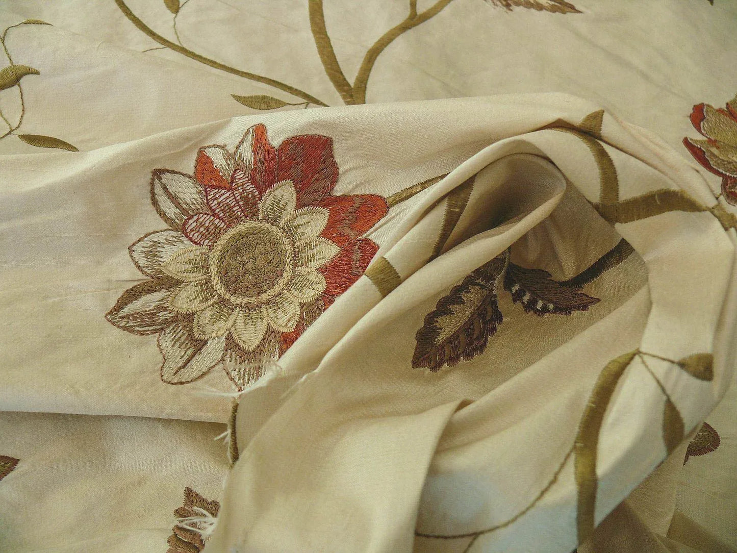 Schumacher Silk Embroidery Lotus Passion Flower Crimson Red Cream White Bty