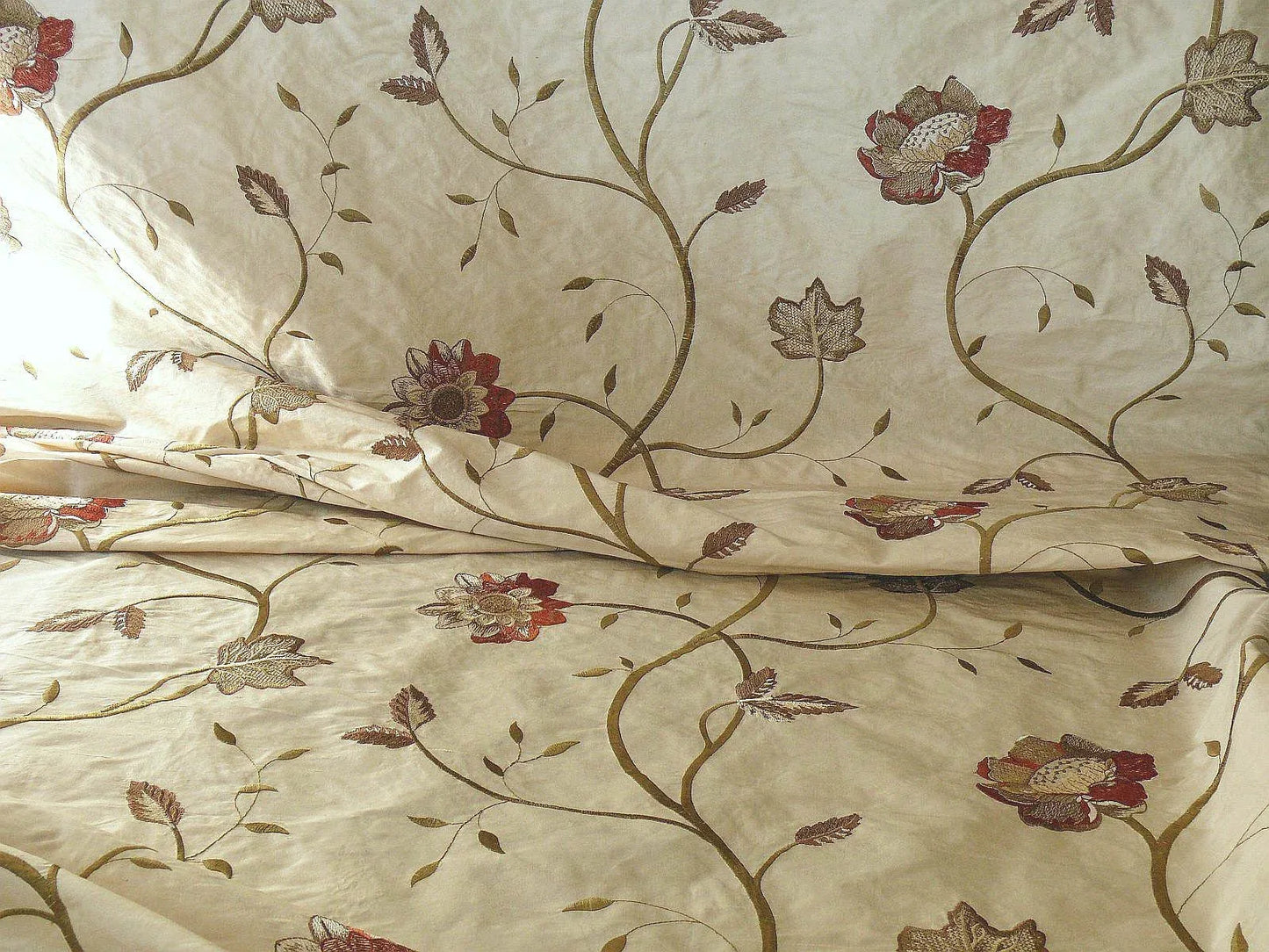 Schumacher Silk Embroidery Lotus Passion Flower Crimson Red Cream White Bty