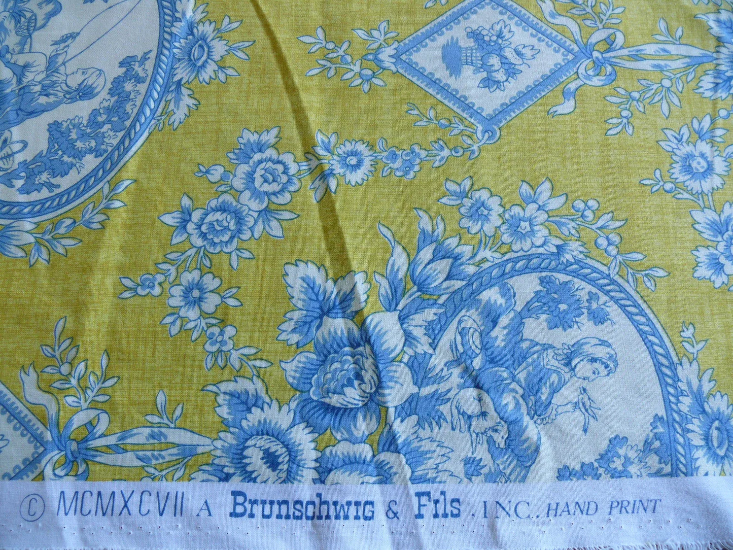 Brunschwig and Fils En Plein Air French Country Print Blue Birds Animals Yellow Bty