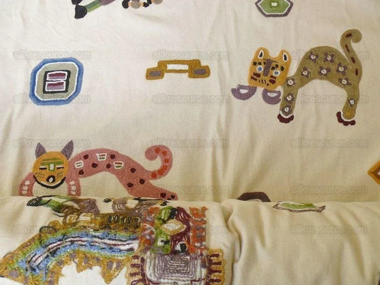 By Yard Clarence House Animal Crewel Wool On Cotton Primativo Embroidery Aztec