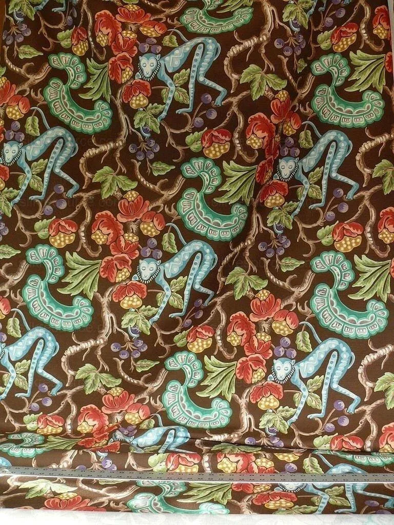 By Yard Clarence House Olana Monkey Tropical Print Linen Brown #1384