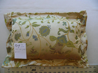 100% SILK LAMPAS PILLOW BLUE TURQUOISE MYTHICAL FLORA 16X10" #1509