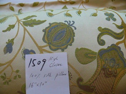 100% SILK LAMPAS PILLOW BLUE TURQUOISE MYTHICAL FLORA 16X10" #1509