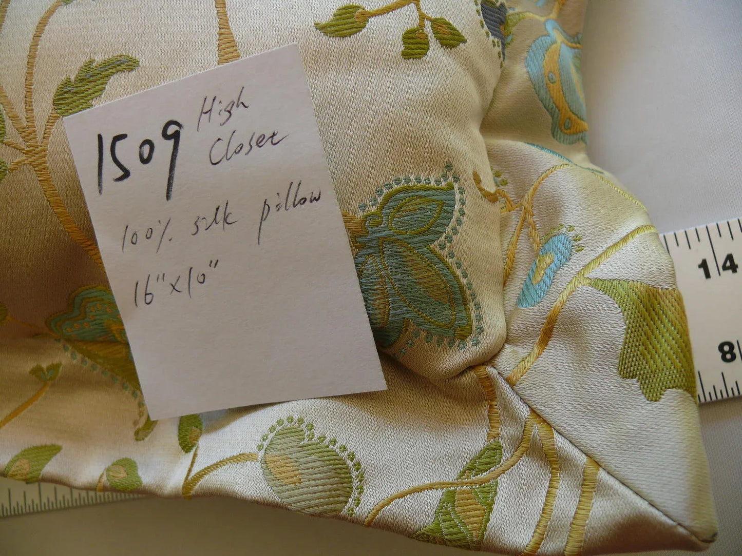 100% SILK LAMPAS PILLOW BLUE TURQUOISE MYTHICAL FLORA 16X10" #1509