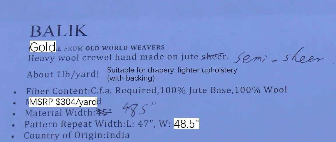 By Yd Old World Weavers Scalamandre Balik Gold Wool Crewel On Jute White on Golden Yellow MSRP USD 304/Y