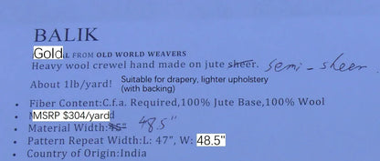 By Yd Old World Weavers Scalamandre Balik Gold Wool Crewel On Jute White on Golden Yellow MSRP USD 304/Y