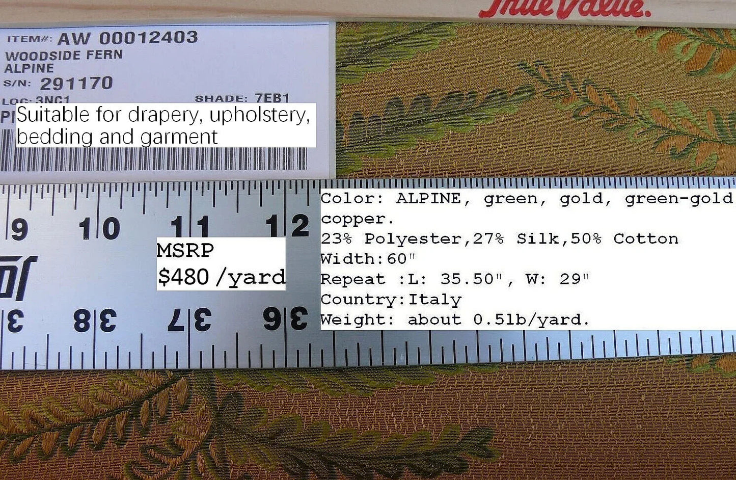 Bty Scalamandre Woodside Fern Alpine Gold Green Copper MSRP USD 480/Y