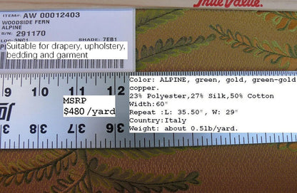 Bty Scalamandre Woodside Fern Alpine Gold Green Copper MSRP USD 480/Y