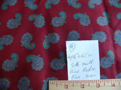 Italian Silk Twill Paisley Burgundy Red Blue Print 4Y16" x 42" High End Shirting