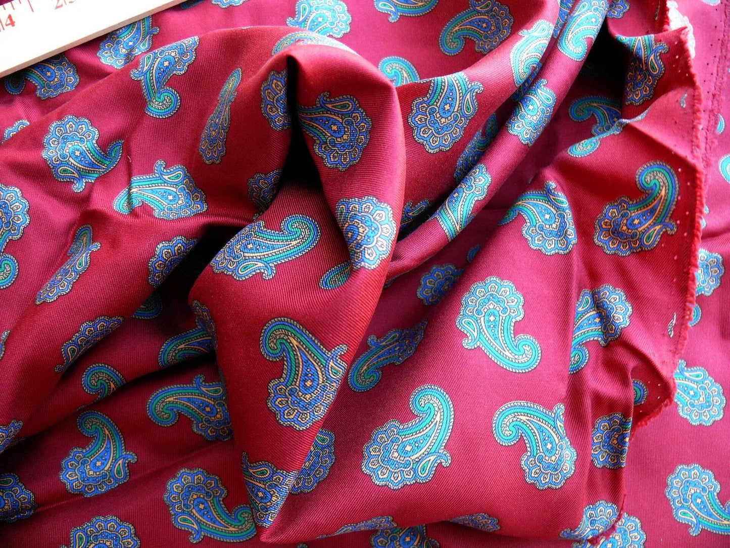Italian Silk Twill Paisley Burgundy Red Blue Print 4Y16" x 42" High End Shirting
