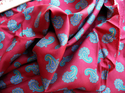 Italian Silk Twill Paisley Burgundy Red Blue Print 4Y16" x 42" High End Shirting