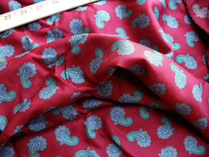 Italian Silk Twill Paisley Burgundy Red Blue Print 4Y16" x 42" High End Shirting