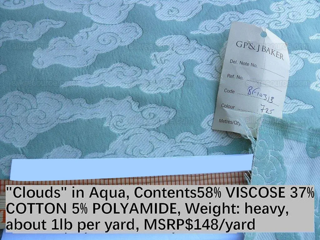 Lee Jofa G P&amp;J Baker Clouds Aqua Blue White Chinoiserie Reversible Damask Cotton MSRP USD 148/y