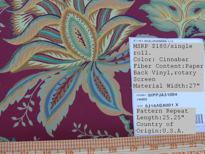 4.5y Single Roll Scalamandre James Cinnabar Old World Weavers Wallpaper Red Gold Green Jacobean Lush Flower Tree Of Life MSRP USD 180/Roll