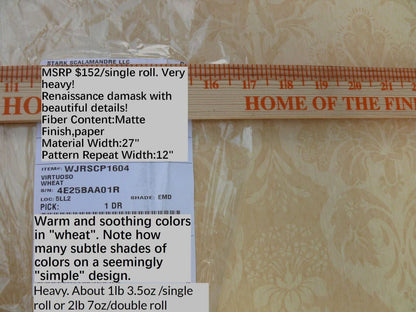 5.5y Single Roll Scalamandre Virtuoso Wheat Wallpaper Renaissance Damask MSRP USD 152